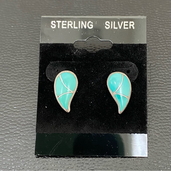 Vintage STR.SII Sterling Silver Turquoise Inlay Comma Teardrop Post Earrings - Picture 3 of 12